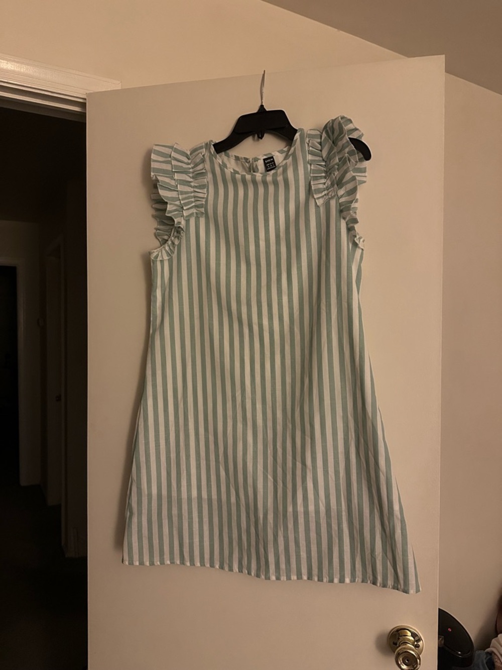 SHEIN Mint & White Striped Ruffle-Sleeve Dress